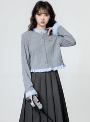 Gray Ruffled Knit Cardigan With Colorblock Trim