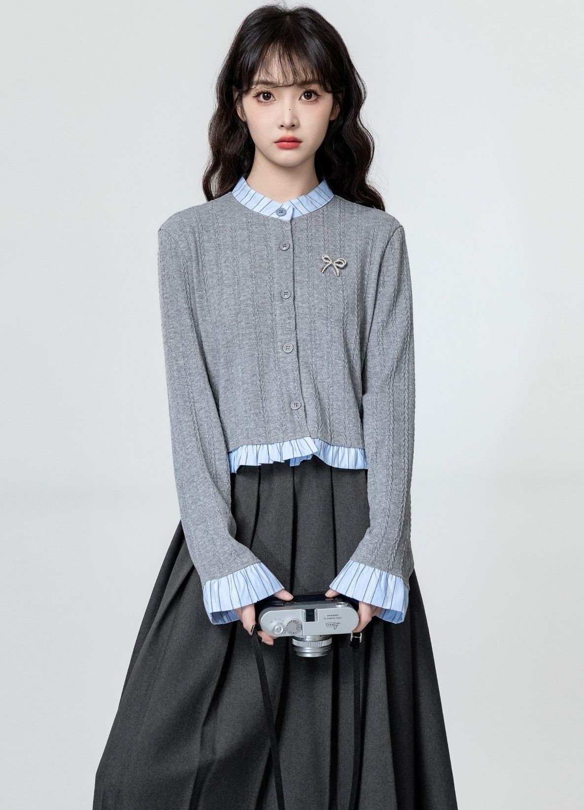 Gray Ruffled Knit Cardigan With Colorblock Trim