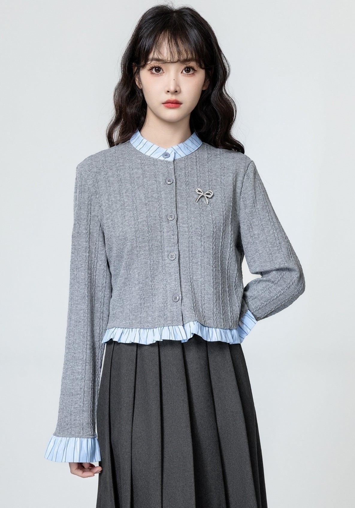 Gray Ruffled Knit Cardigan With Colorblock Trim