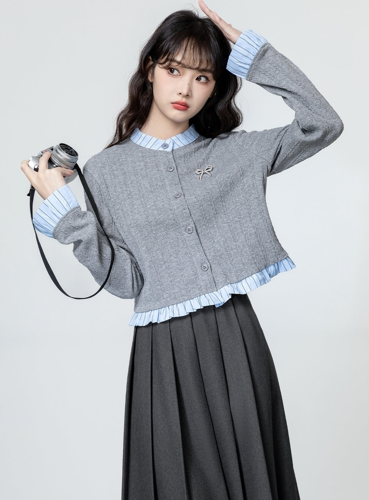 Gray Ruffled Knit Cardigan With Colorblock Trim