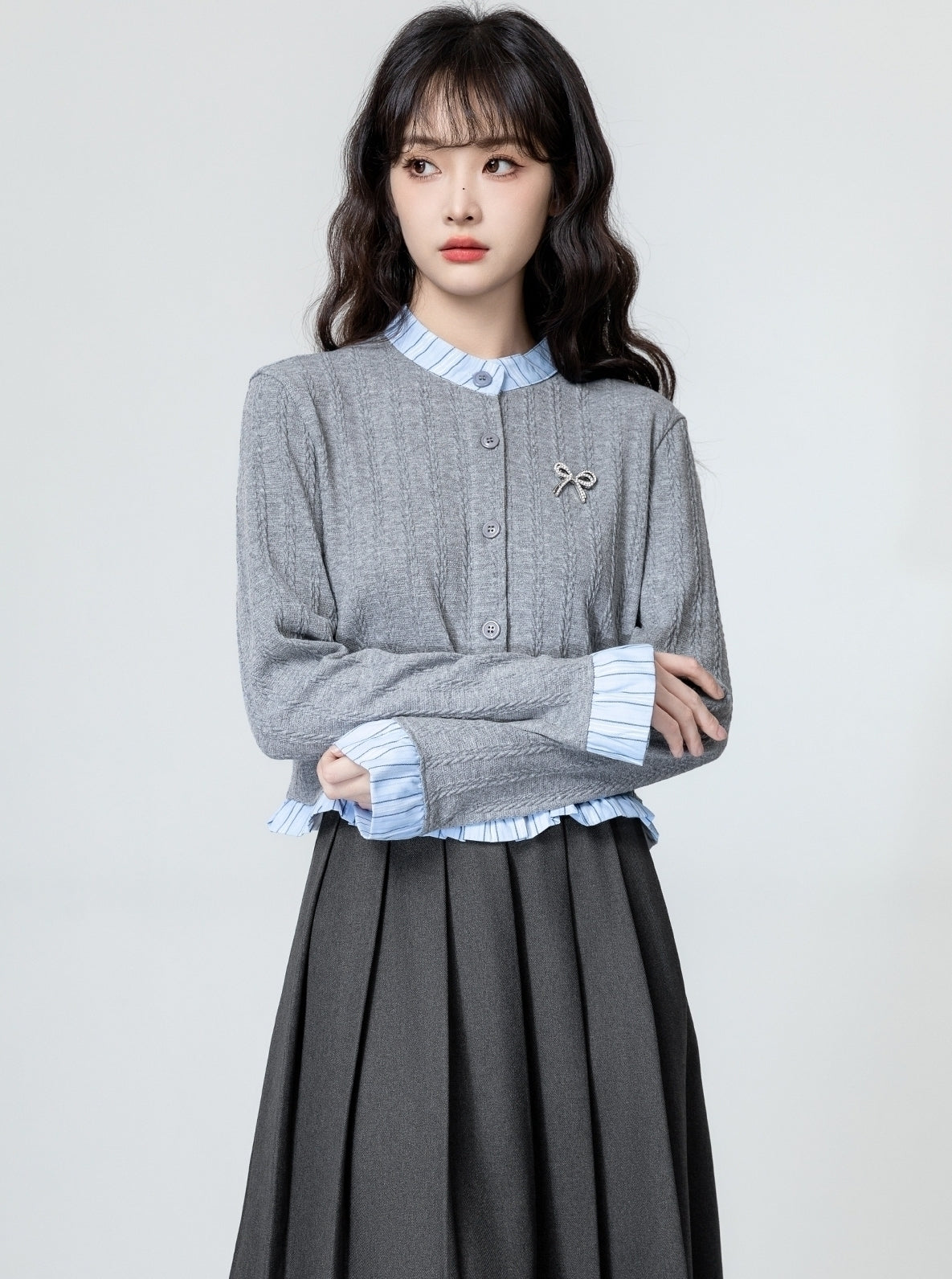 Gray Ruffled Knit Cardigan With Colorblock Trim