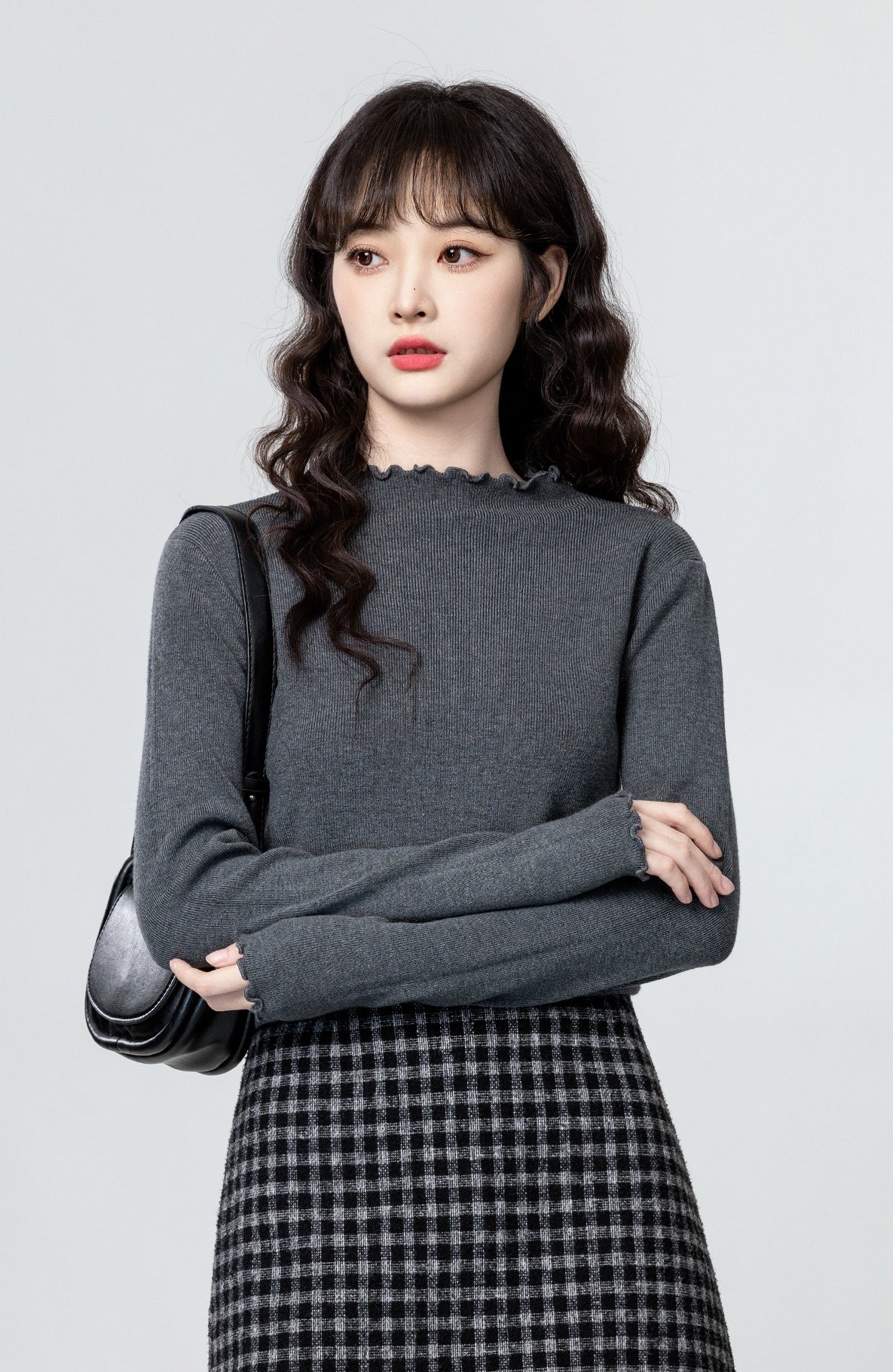 Gray Ruffled Knit Turtleneck Sweater