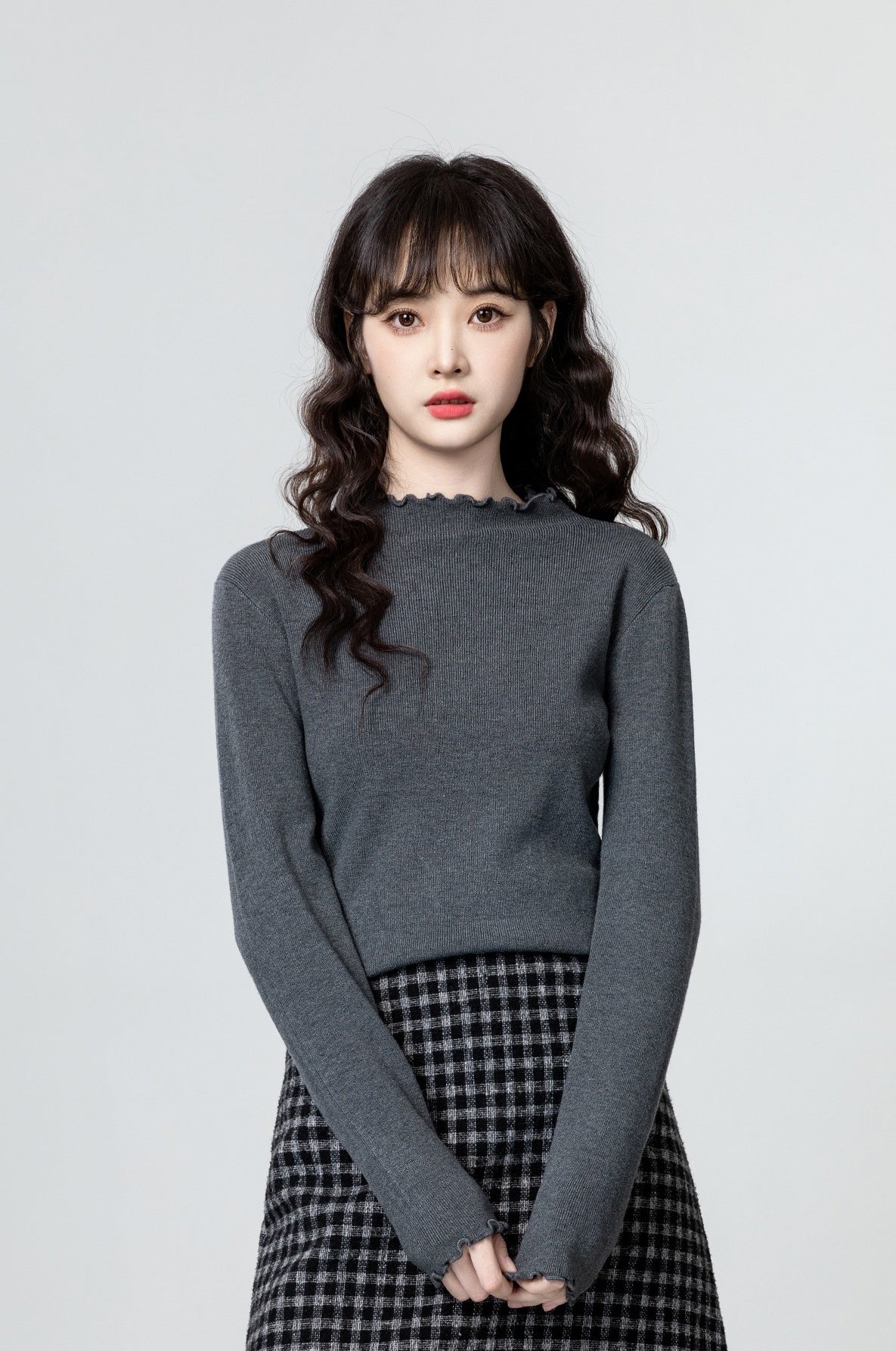 Gray Ruffled Knit Turtleneck Sweater