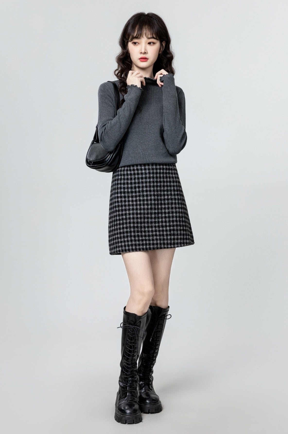 Gray Ruffled Knit Turtleneck Sweater