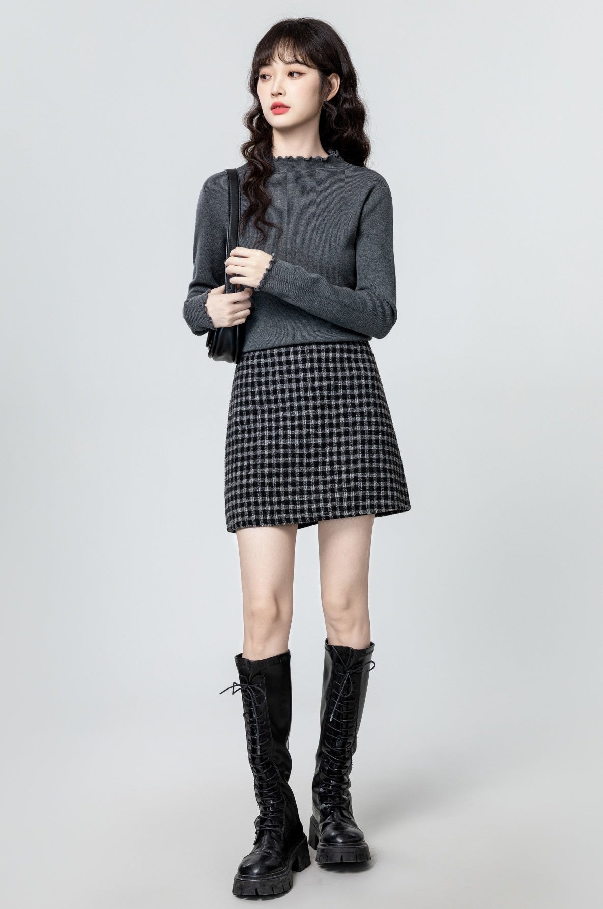 Gray Ruffled Knit Turtleneck Sweater