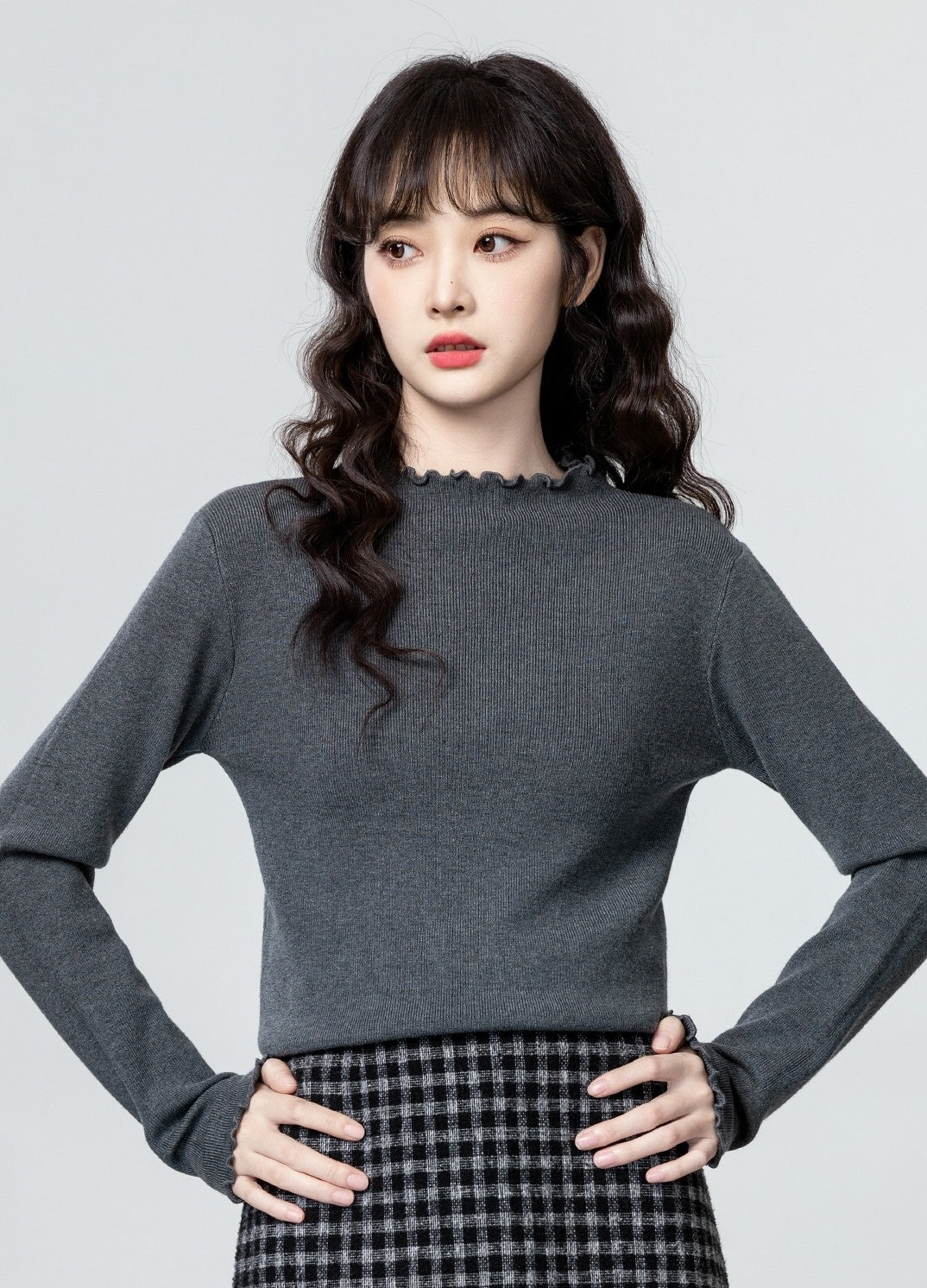 Gray Ruffled Knit Turtleneck Sweater