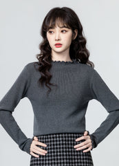Gray Ruffled Knit Turtleneck Sweater