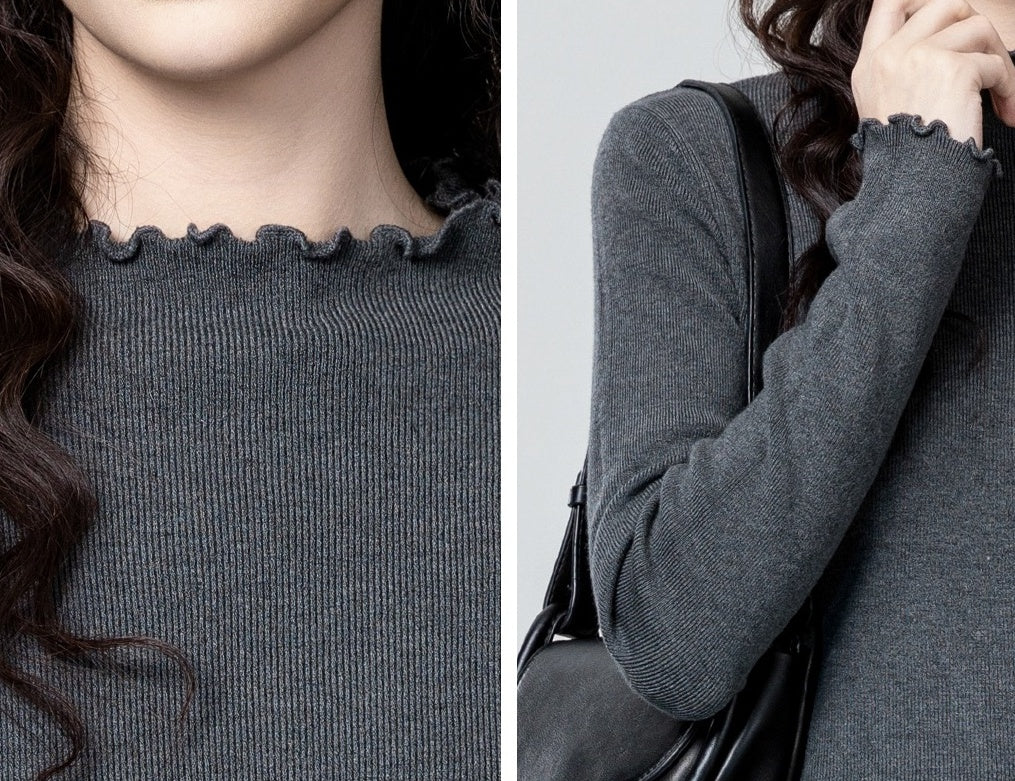 Gray Ruffled Knit Turtleneck Sweater