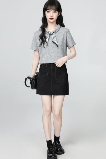 Gray Scarf Collar Short Sleeve Polo Top