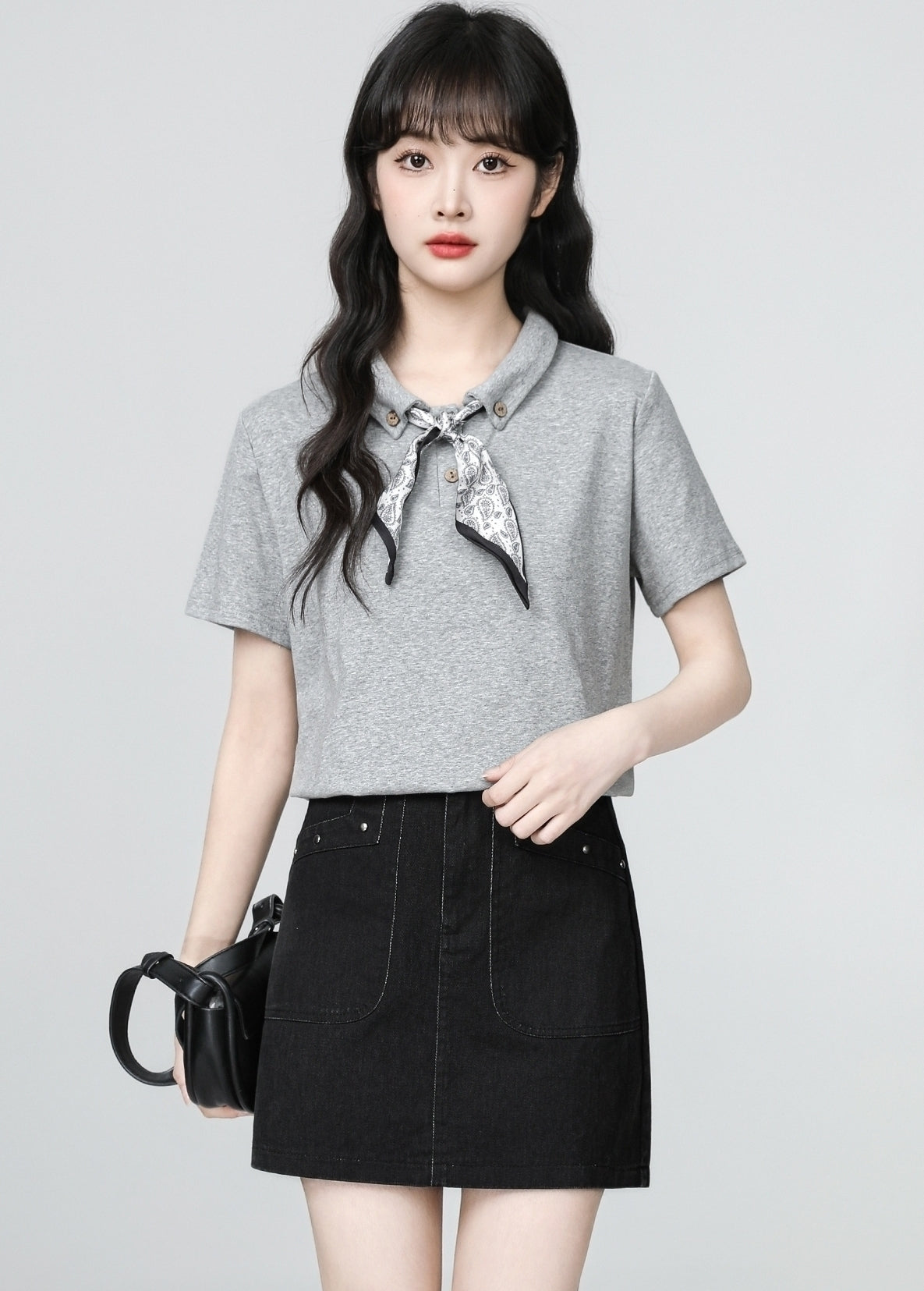 Gray Scarf Collar Short Sleeve Polo Top