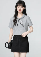 Gray Scarf Collar Short Sleeve Polo Top