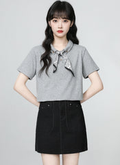 Gray Scarf Collar Short Sleeve Polo Top