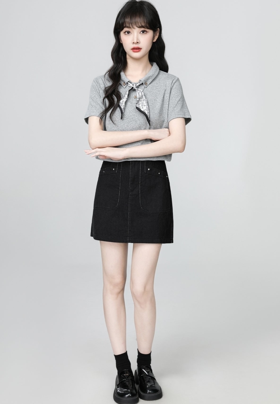 Gray Scarf Collar Short Sleeve Polo Top