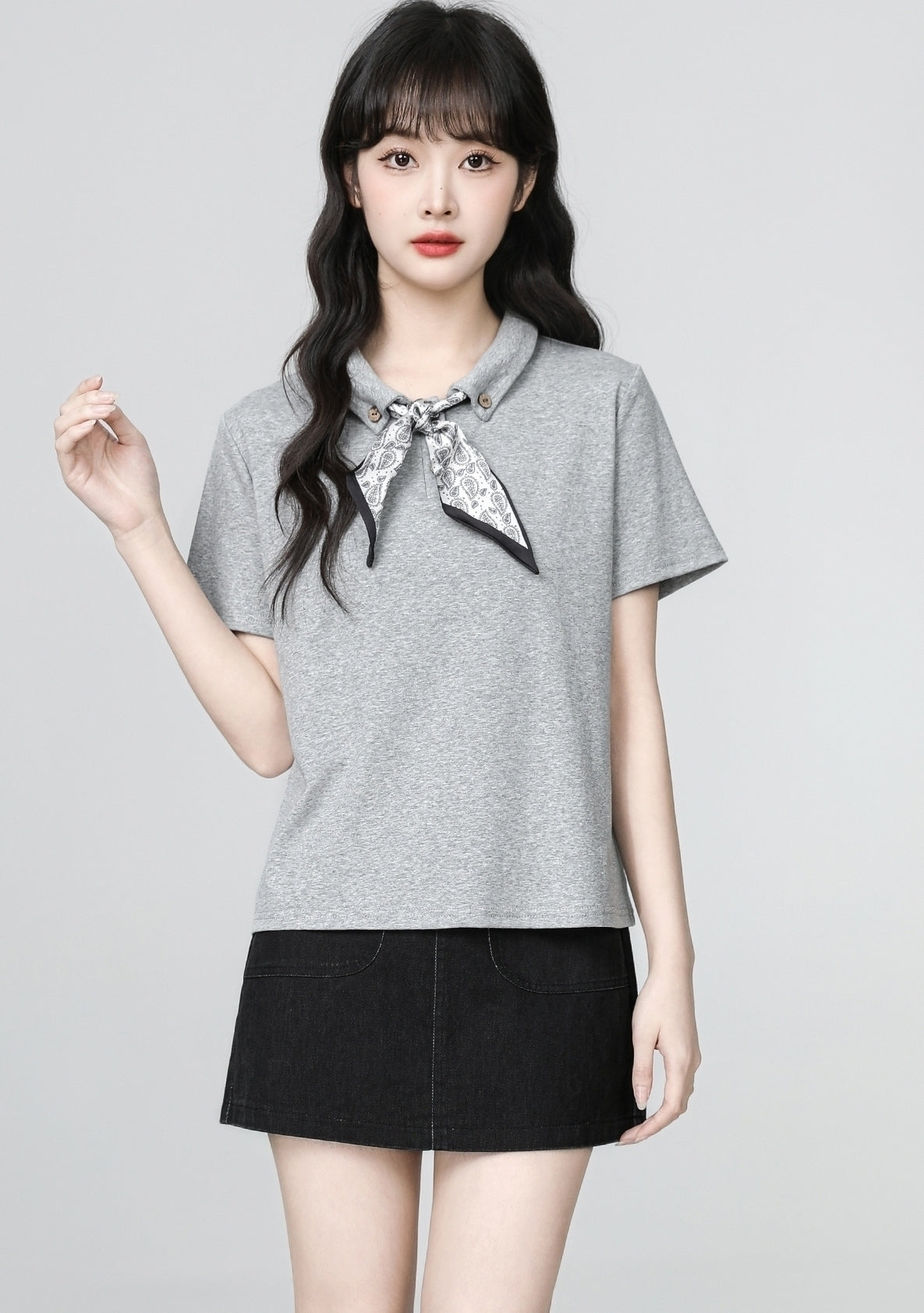 Gray Scarf Collar Short Sleeve Polo Top