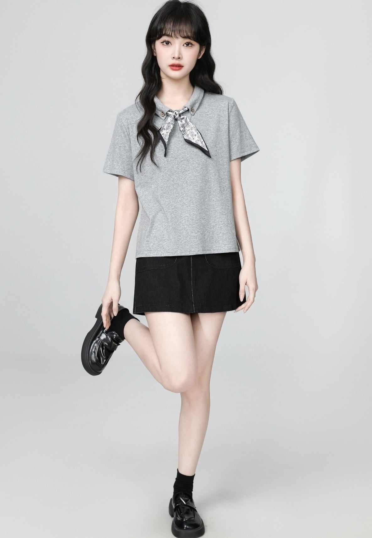 Gray Scarf Collar Short Sleeve Polo Top