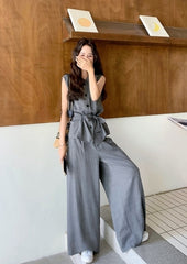 Gray Sleeveless Tie Waist Vest Wide Leg Pants Set