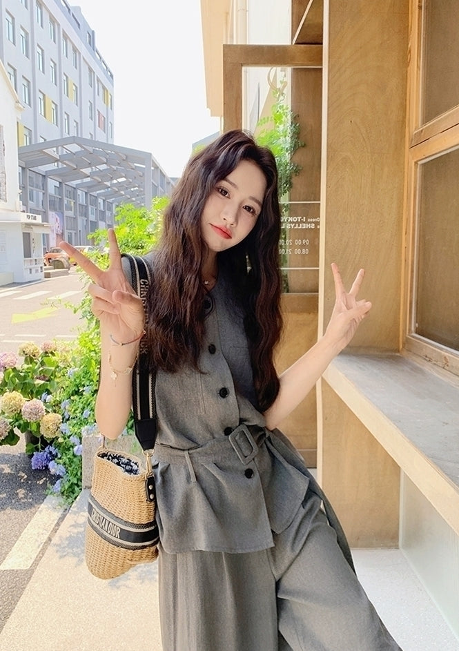 Gray Sleeveless Tie Waist Vest Wide Leg Pants Set