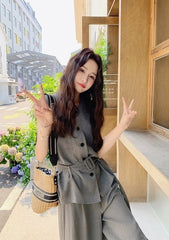 Gray Sleeveless Tie Waist Vest Wide Leg Pants Set
