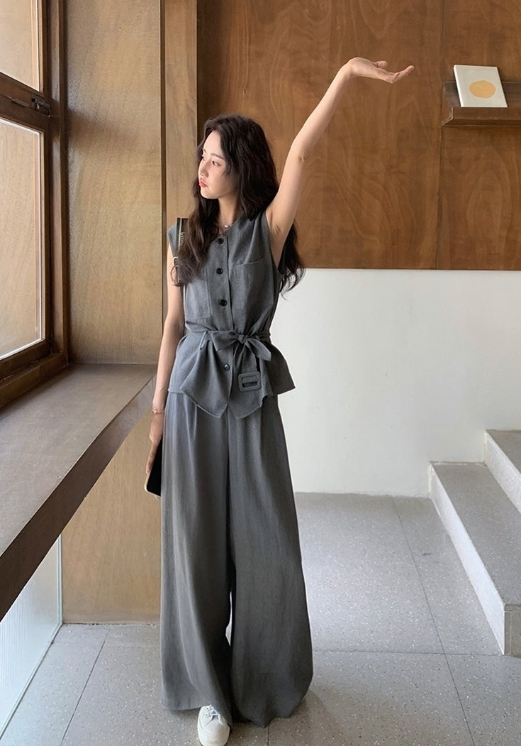 Gray Sleeveless Tie Waist Vest Wide Leg Pants Set