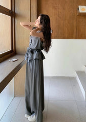 Gray Sleeveless Tie Waist Vest Wide Leg Pants Set
