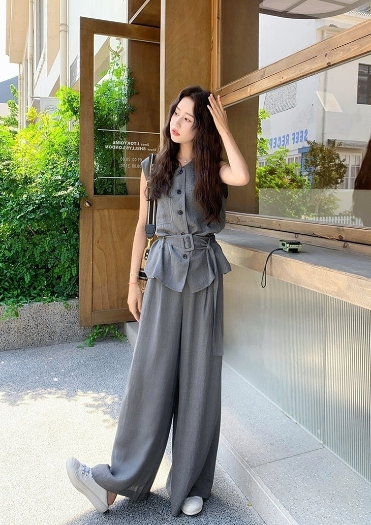 Gray Sleeveless Tie Waist Vest Wide Leg Pants Set