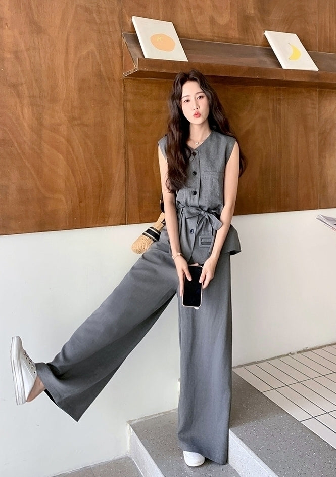 Gray Sleeveless Tie Waist Vest Wide Leg Pants Set