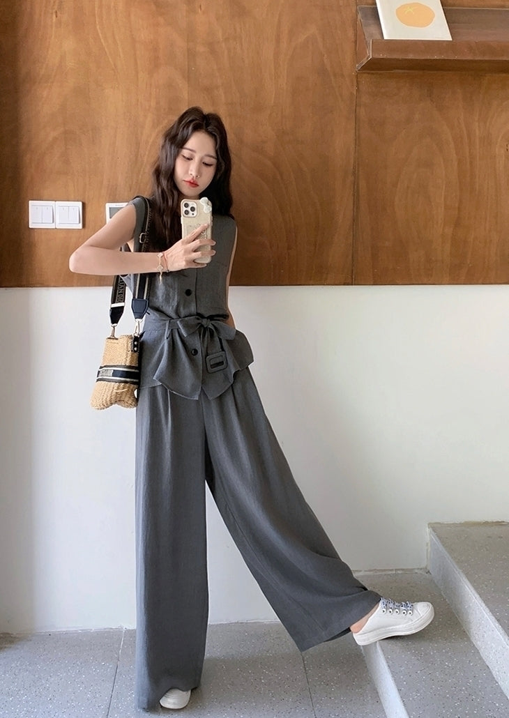 Gray Sleeveless Tie Waist Vest Wide Leg Pants Set