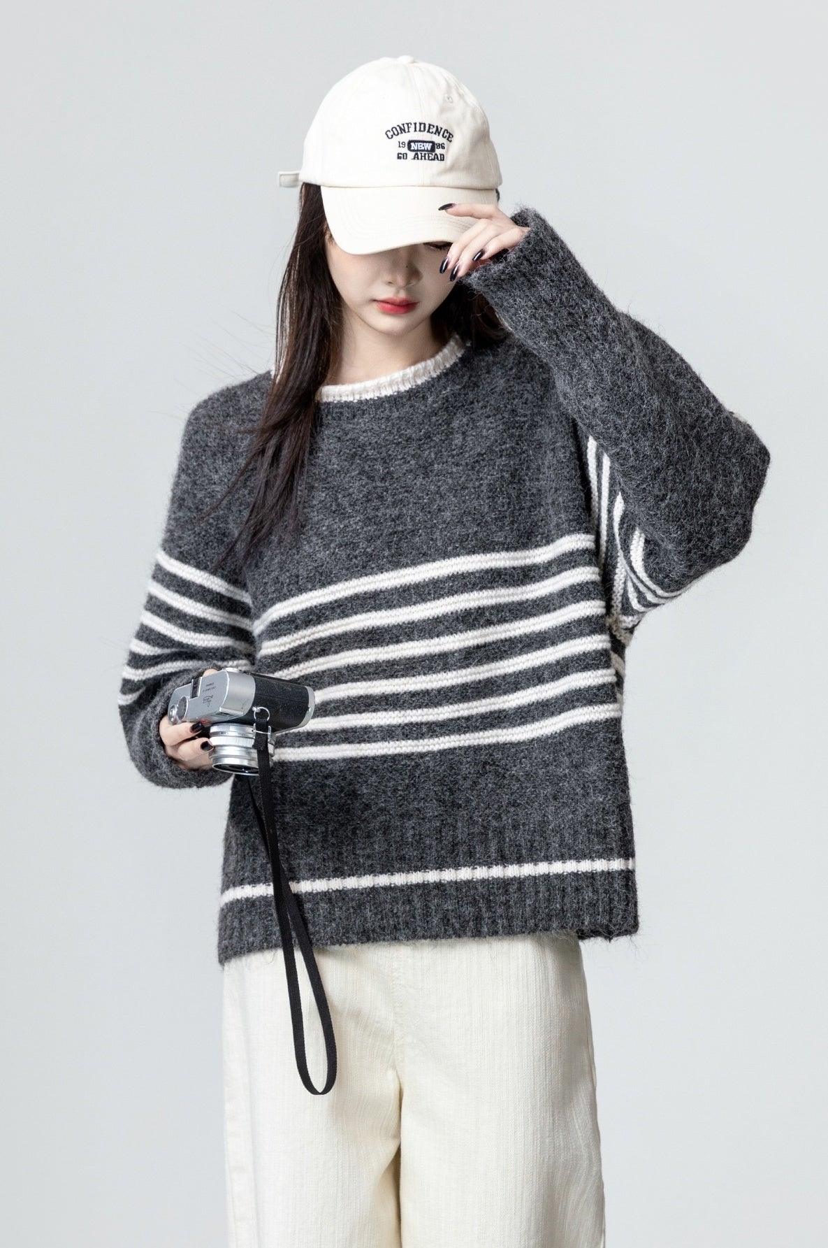 Gray Striped Knitted Sweater Pullover