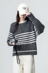 Gray Striped Knitted Sweater Pullover
