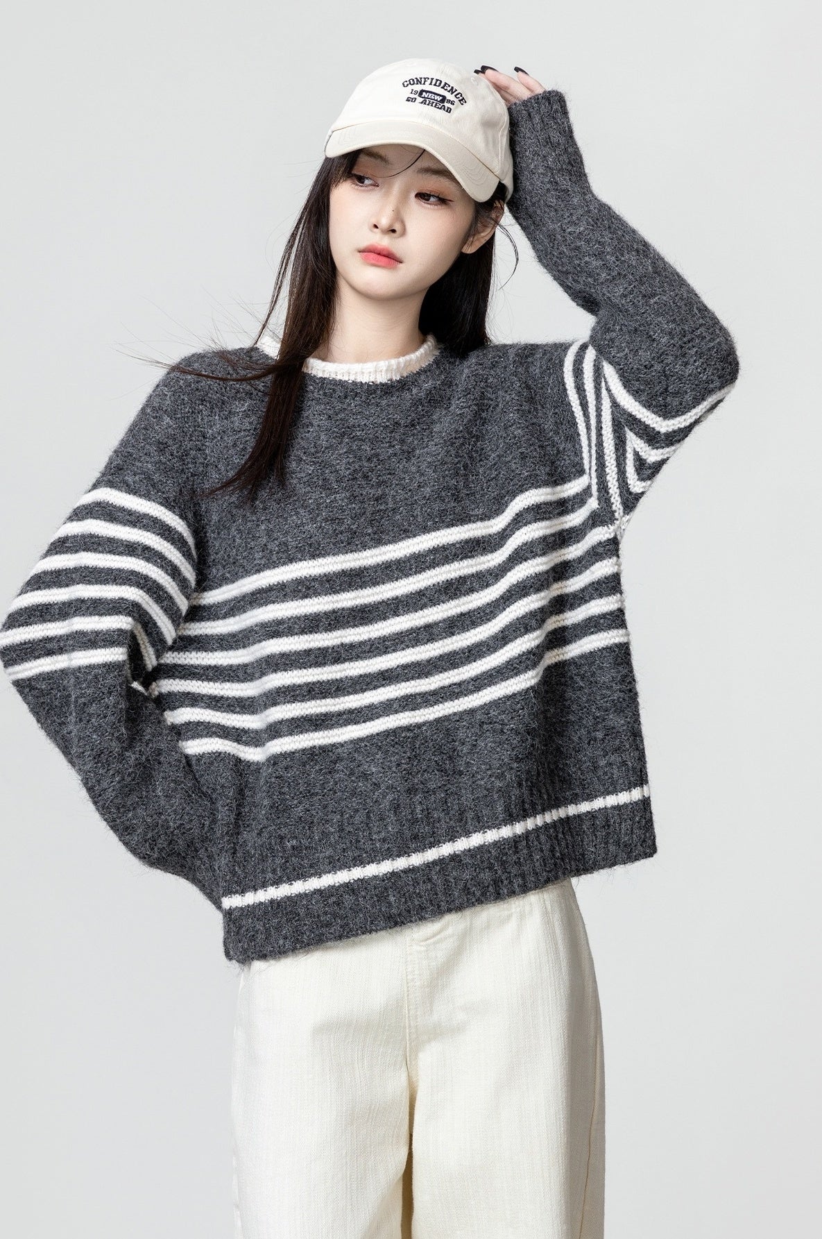 Gray Striped Knitted Sweater Pullover