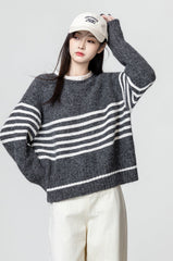 Gray Striped Knitted Sweater Pullover