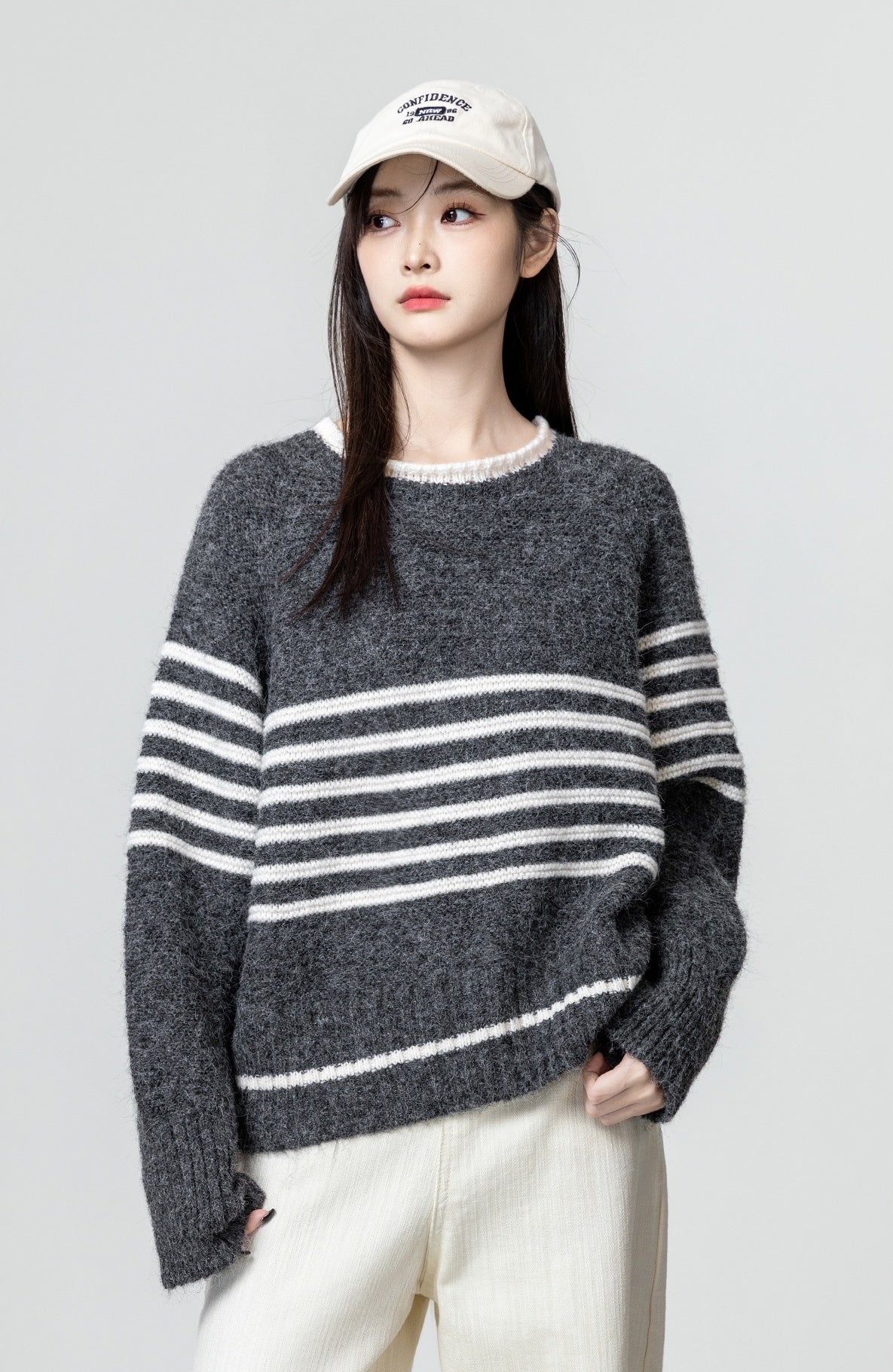 Gray Striped Knitted Sweater Pullover