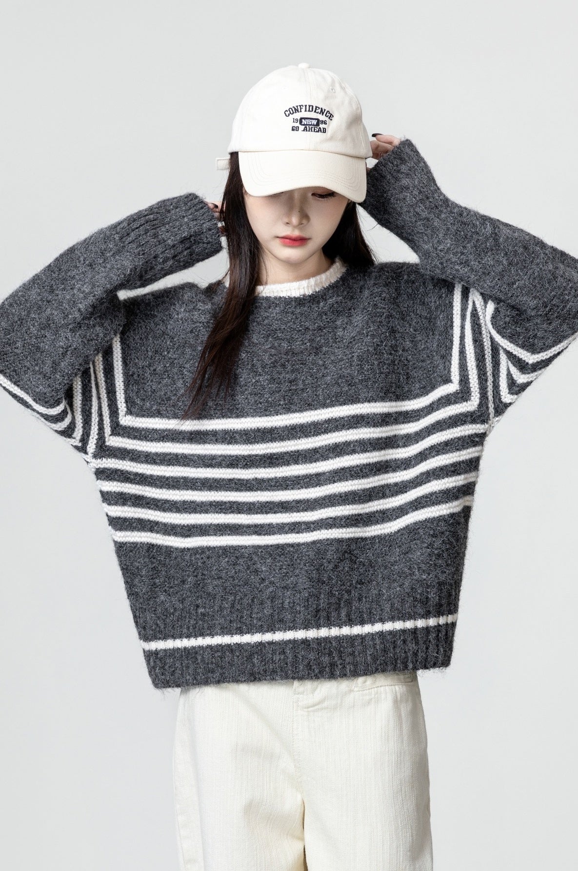 Gray Striped Knitted Sweater Pullover