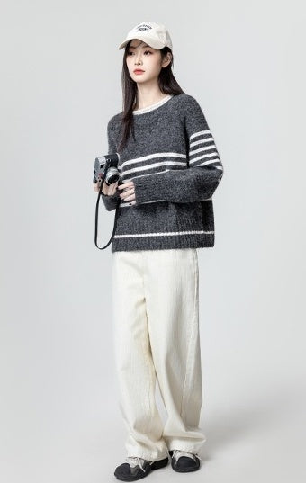 Gray Striped Knitted Sweater Pullover
