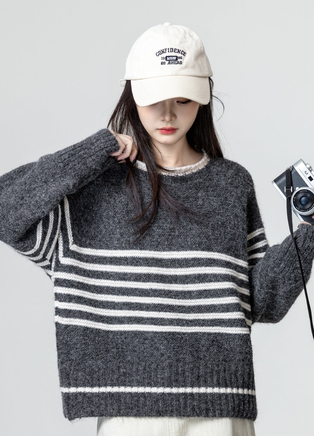 Gray Striped Knitted Sweater Pullover