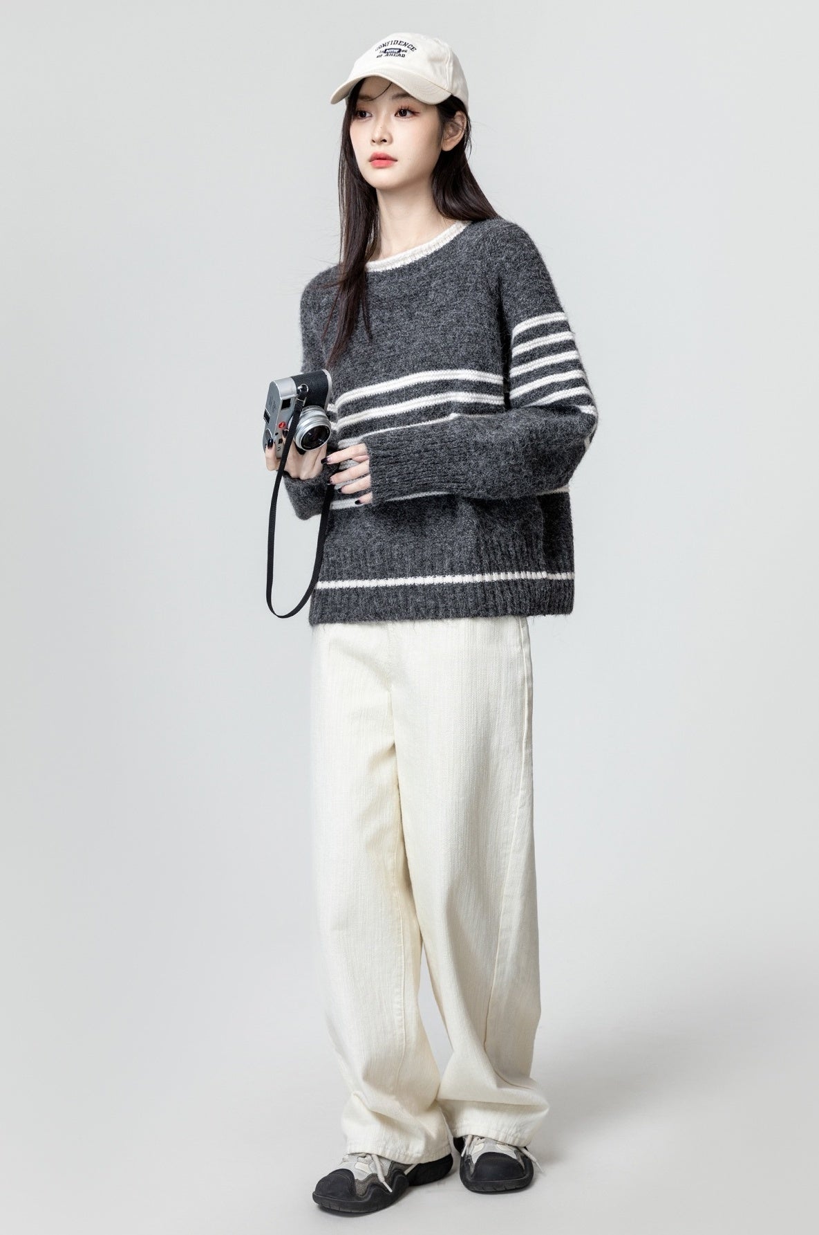 Gray Striped Knitted Sweater Pullover