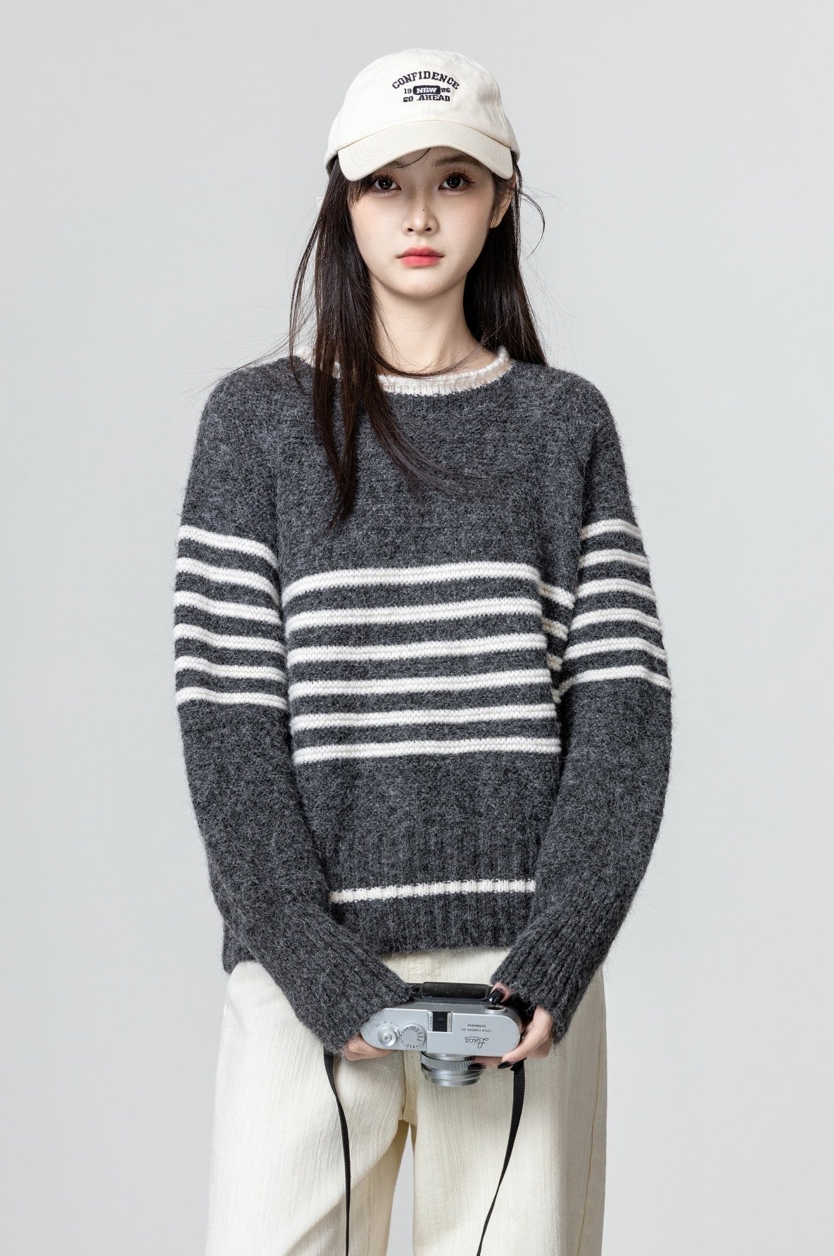 Gray Striped Knitted Sweater Pullover