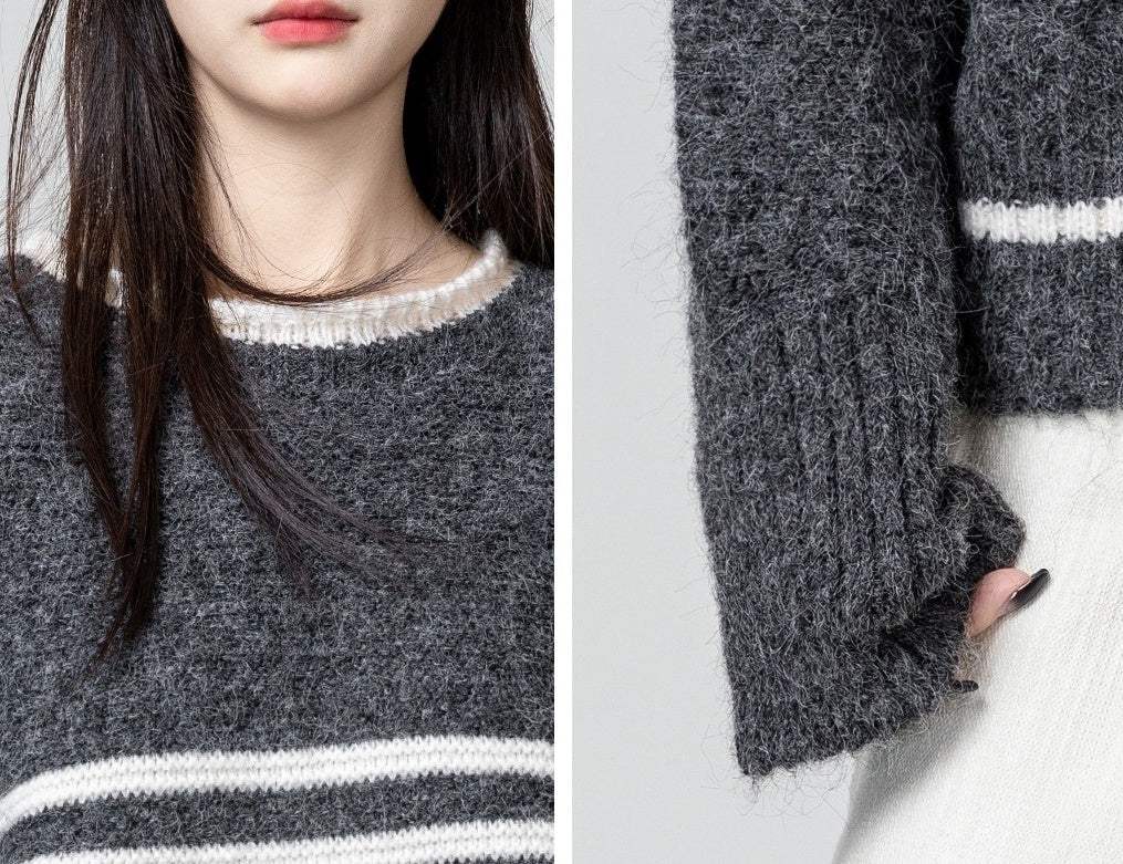 Gray Striped Knitted Sweater Pullover