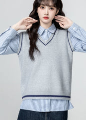 Gray V Neck Knit Sweater Vest Casual Loose