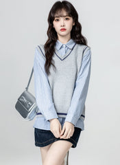 Gray V Neck Knit Sweater Vest Casual Loose