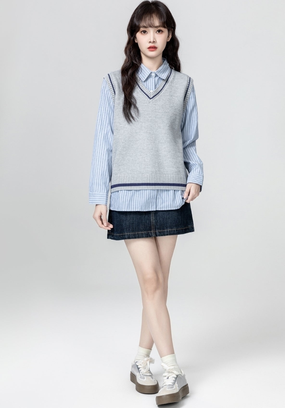 Gray V Neck Knit Sweater Vest Casual Loose