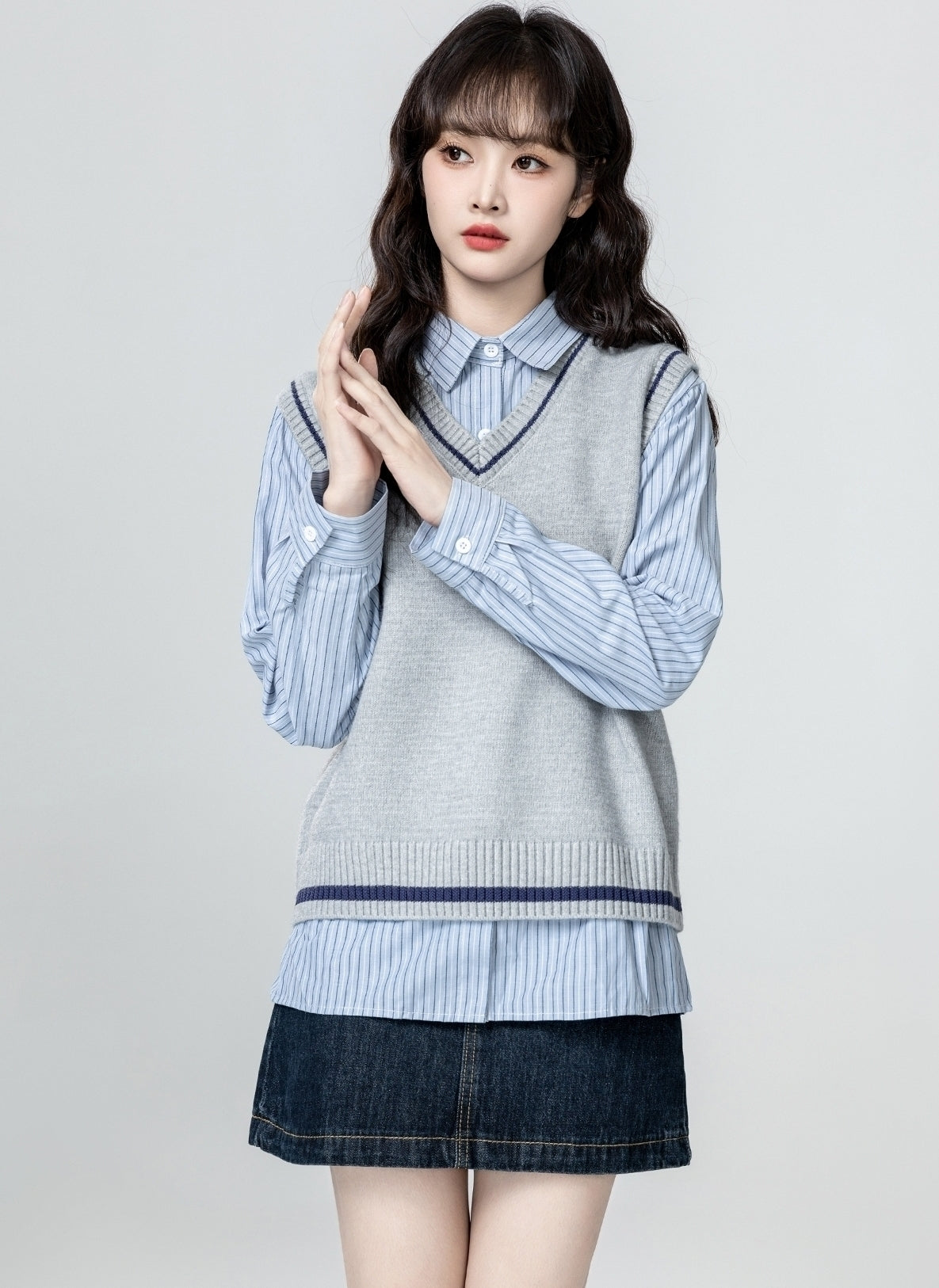 Gray V Neck Knit Sweater Vest Casual Loose