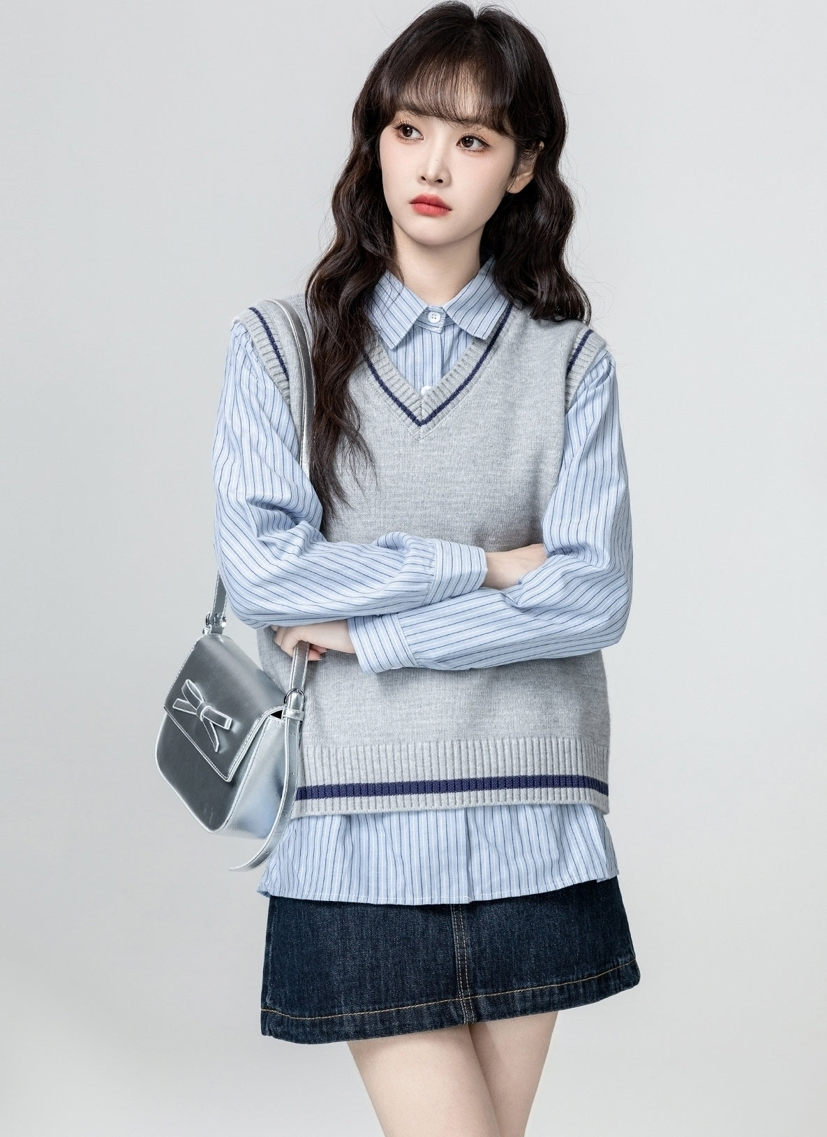 Gray V Neck Knit Sweater Vest Casual Loose