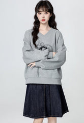 Gray V Neck Pullover Sweatshirt With Bow Detail