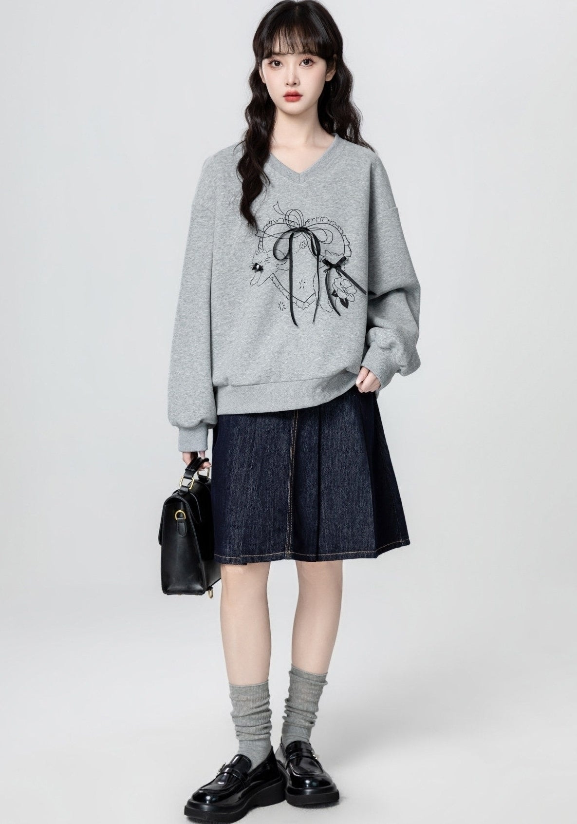 Gray V Neck Pullover Sweatshirt With Bow Detail