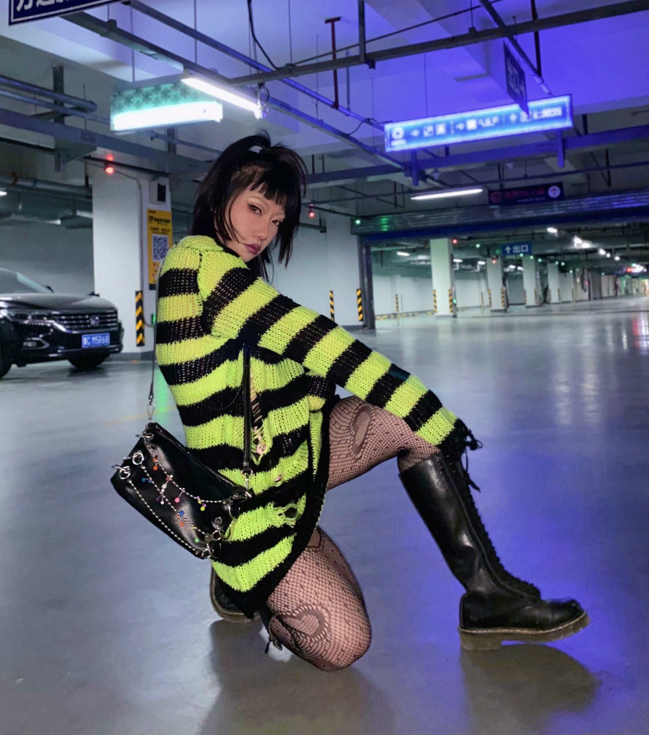 Green And Black Ragged Loose Sweater