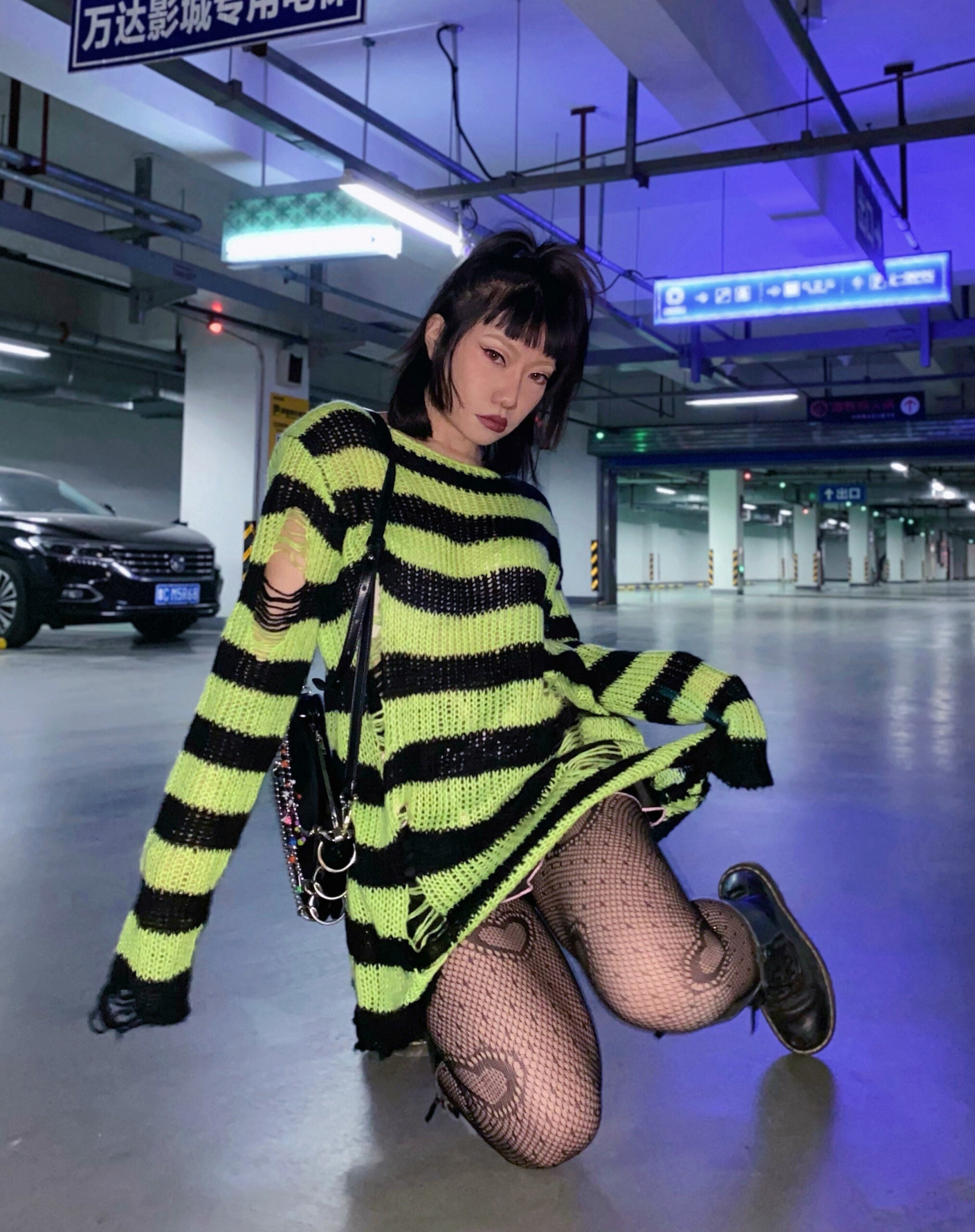Green And Black Ragged Loose Sweater