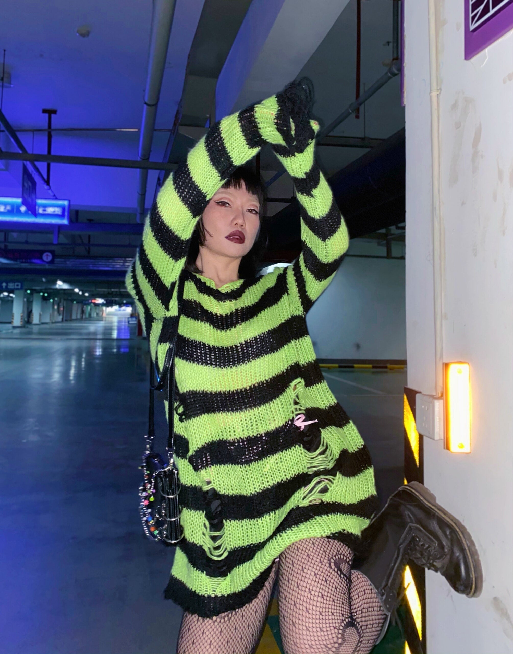 Green And Black Ragged Loose Sweater