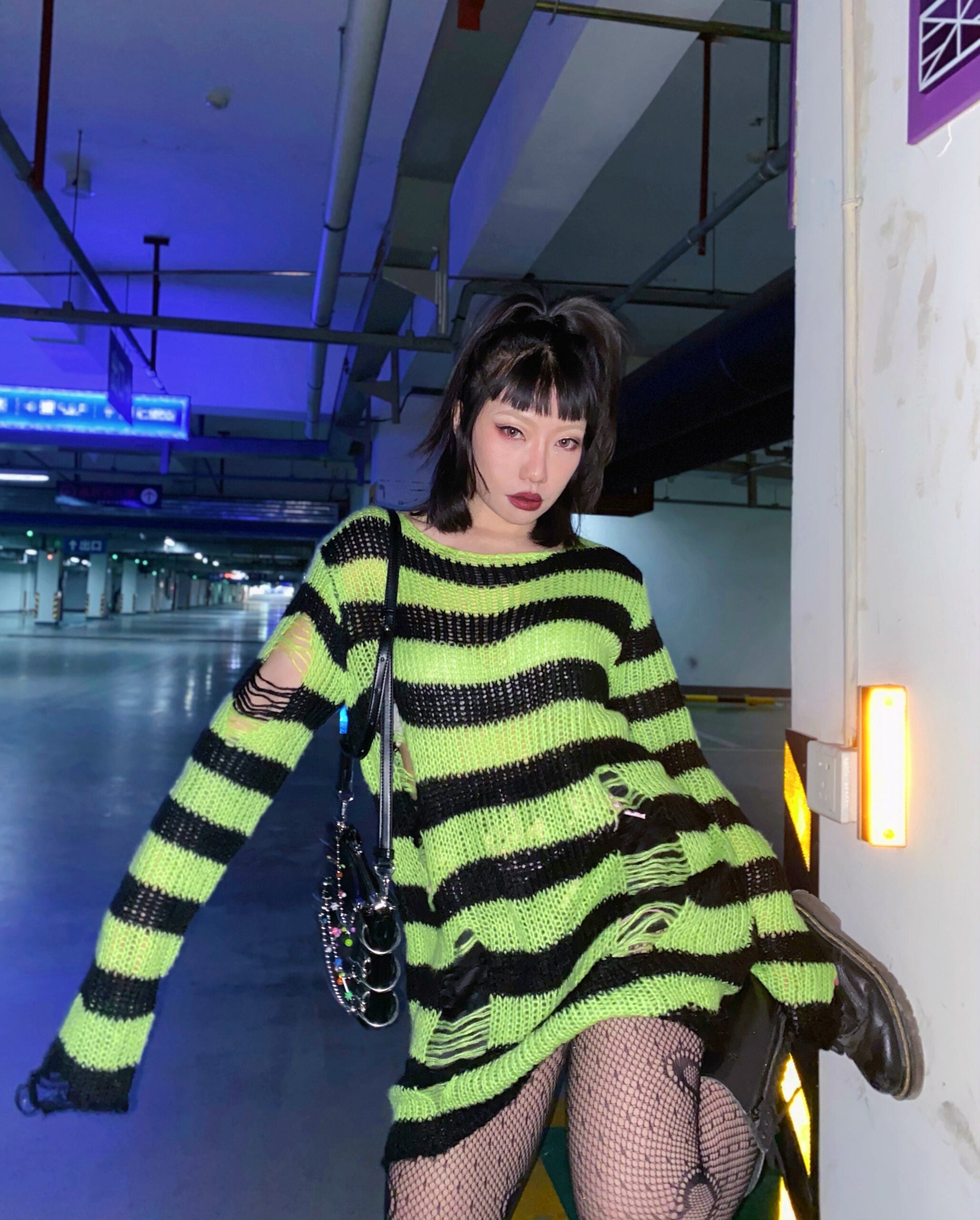 Green And Black Ragged Loose Sweater