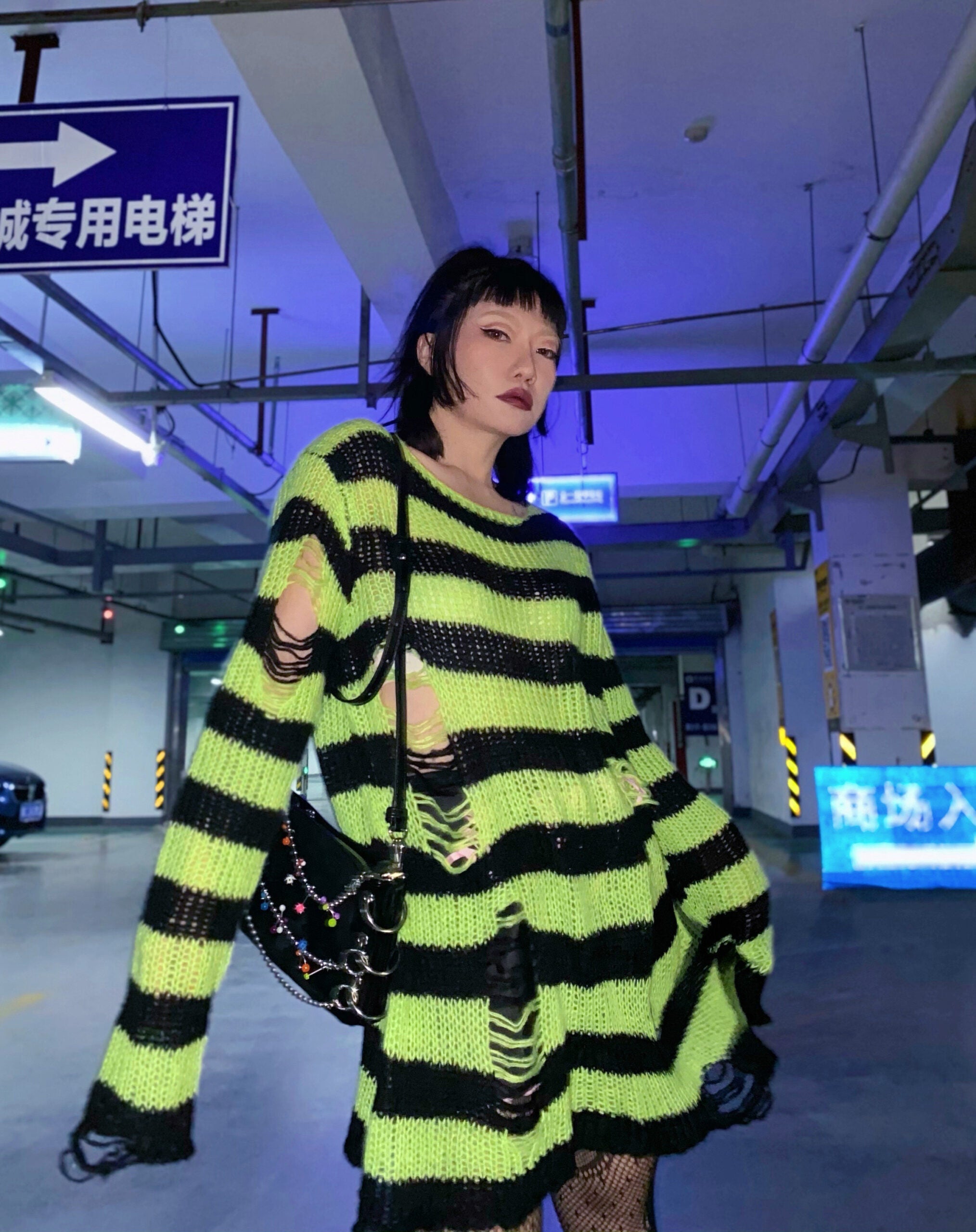 Green And Black Ragged Loose Sweater